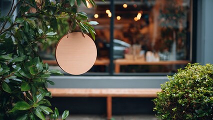 Round Wooden Sign Hanging from Tree in Front of Cozy Cafe Setting