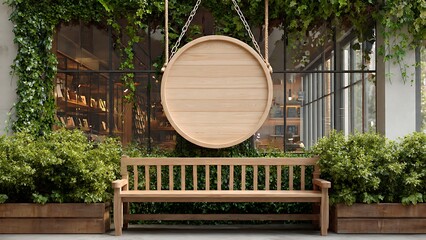 Wooden Bench Under Greenery with Round Blank Sign for Customization