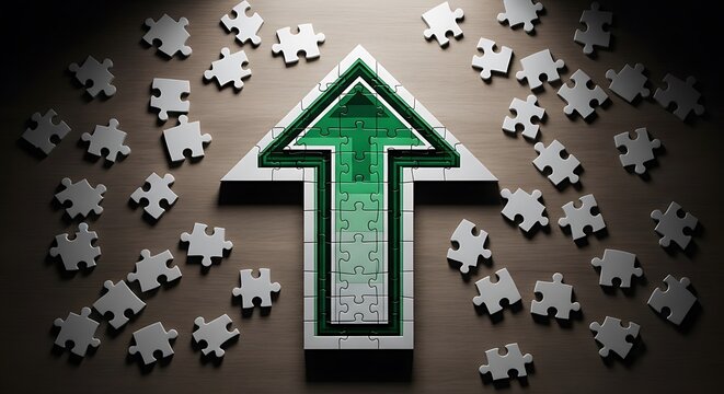 Green and white puzzle pieces forming an upward arrow on a wooden surface with scattered puzzle pieces