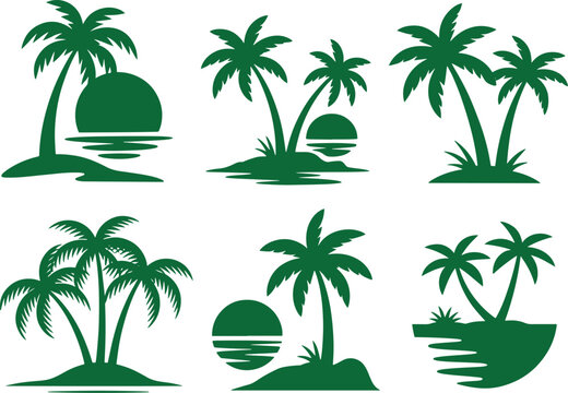 Collection of green palm tree silhouettes on tropical islands with sunset views isolated