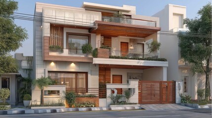 Fototapeta premium Modern residential building with wooden accents and lush greenery in an urban setting featuring unique architectural design