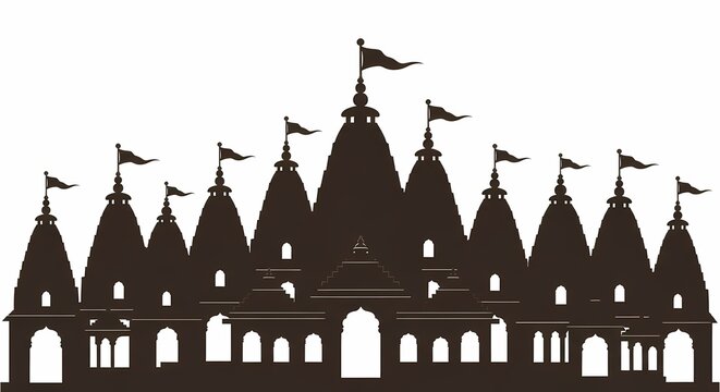 Silhouette of Traditional Hindu Temple with Multiple Domes and Flags in Black Outline on White Background for Cultural Art Design