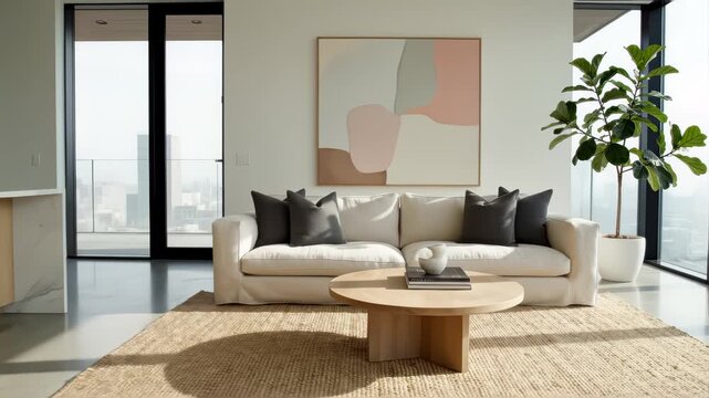 A stylishly minimalist kitchen and living room interior, demonstrating contemporary design with neutral tones. Modern Kitchen and Living Room Interior with Minimalist Design