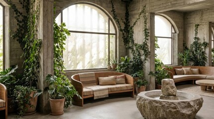 Fototapeta premium Concrete lounge area featuring lush green plants growing on columns, large arched windows, wooden furniture with cushions, and a rustic stone fountain creating a serene, biophilic environment