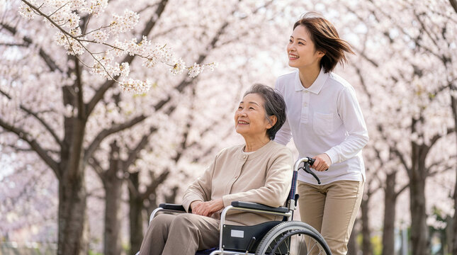 桜を見つめる車椅子に乗るシニア女性と若い介護士