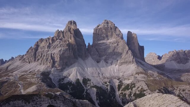 Dolomites Tri Cimi sunrise drone footage 