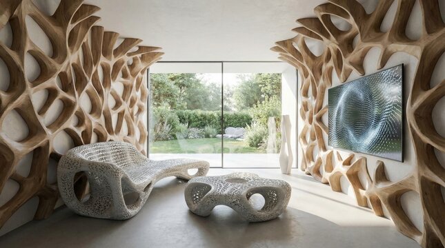 Interior view of a contemporary living room showcasing intricate parametric wooden wall panels, organic furniture pieces, and a large window looking out onto a lush green garden