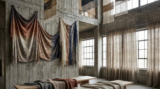 Textile collection displaying natural fiber fabrics and textured blankets in warm earthy tones, hanging on raw concrete walls and covering wooden benches in a rustic industrial interior space