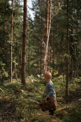 Boy standing in peaceful forest landscape
