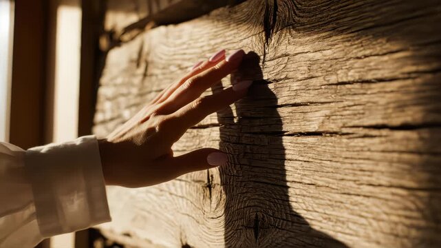 Woman's hand strokes a wooden wall, her shadow projected by natural window light. Slow motion captures the gentle, artistic movement, creating a tranquil and aesthetic feel.