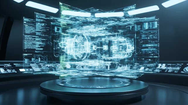 Futuristic tech display showing a 3D schematic of an engine, glowing blue, on a platform