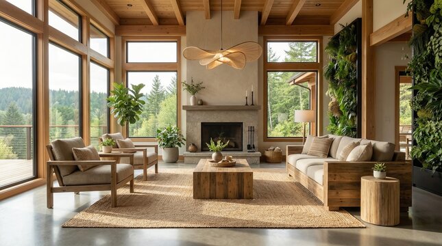 Spacious living room featuring wooden furniture, a cozy fireplace, large windows revealing a lush forest view, and two large vertical gardens creating a harmonious and natural living space