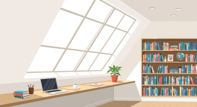 Spacious attic room transformed into a bright home office or library with a large sloped window, laptop, and full bookshelf.