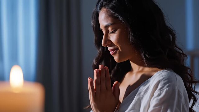 Young woman with Folded Hands Praying Quietly at Night, Peaceful Face in Soft Evening Light, Moment of Deep Faith, Hope, Spirituality and Mindfulness, Seeking Inner Peace and Personal Reflection.