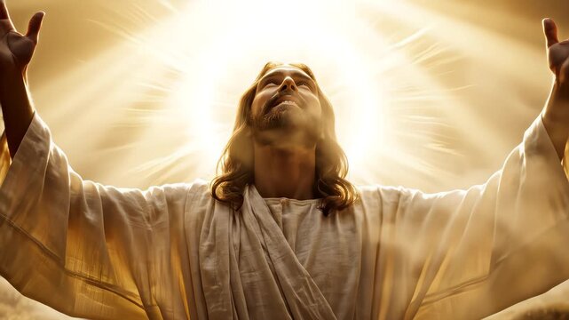Jesus Christ, prophet, or biblical figure in prayer and worship with hands lifted in glowing, ambient holy light. Perfect for Easter resurrection visual.