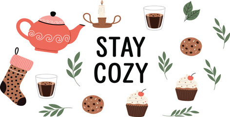 Stay Cozy Winter Lifestyle Vector Set with Teapot Candle Cookies Cupcakes and Warm Sock Isolated on White Background © ABDUL HAKIM