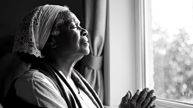 One devoted Religious black senior woman PRAYING to GOD at home by window in monochromatic, black and white. Spiritual African American elderly lady in deep meditation