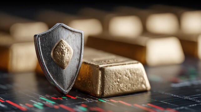 Gold bar surrounded by fluctuating charts and shield barrier, market, defense against volatility 