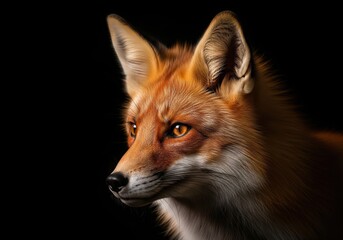 Fototapeta premium Red fox portrait close up headshot isolated on black background looking away in profile