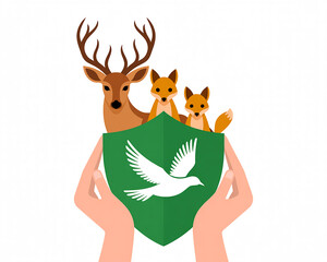 Fototapeta premium Hands Holding Shield with Animals and Dove