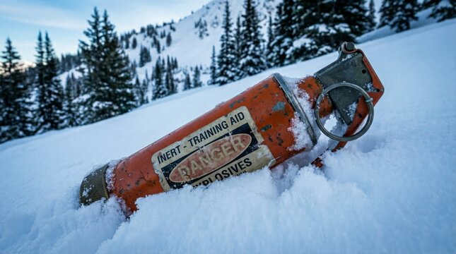 Orange inert training aid grenade with danger explosives label resting partially buried in fresh powder snow with conifer trees and a snowy mountain slope in the background