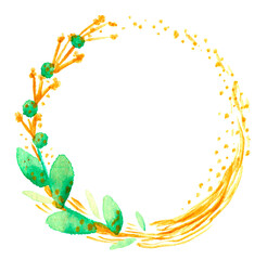 Obraz premium Color watercolor illustration. Round flower frame, green eucalyptus leaves, golden elements, twigs. For festive decoration.