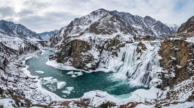 Katun river flows creating a powerful cascade, surrounded by majestic snow-covered mountains and icy banks under a dramatic winter sky, showcasing frozen wild nature