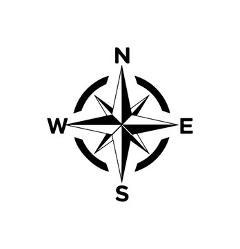 Black compass navigation symbol, directional icon, vector compass rose, navigation sign
