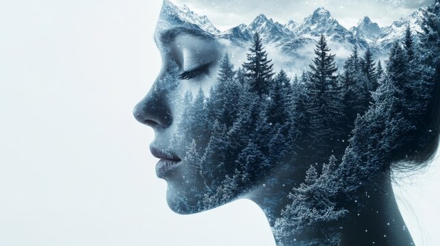 double-exposure profile of a serene woman merged with a snowy winter landscape of pine forests and jagged mountains. The image evokes a deep connection between human mind and nature.