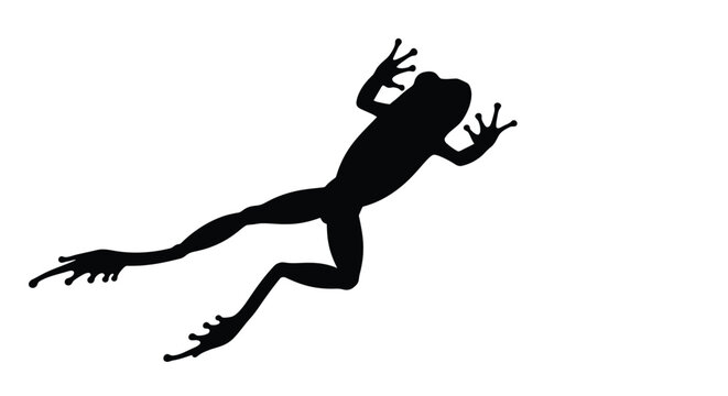 A black silhouette of a leaping frog against a white background silhouette