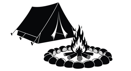 Camping scene with a tent and campfire black silhouette © momotaj