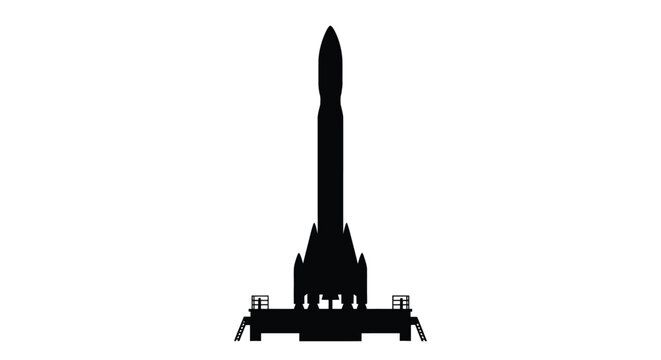 Black silhouette of a rocket launch pad against a white background silhouette
