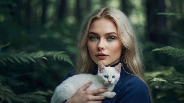 young woman with white cat or kitty on hand in the park, fluffy cat, pet, animal,lifestyle,