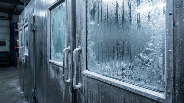 Industrial walk-in freezer door covered with thick frost and intricate ice crystals, indicating freezing temperatures and a cold, controlled storage environment