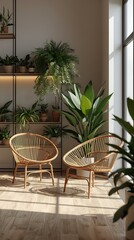 Fototapeta premium AI Generative Modern Indoor Scene with Green Plants and Rattan Chairs