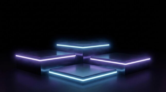 Three glowing geometric platforms creating a vibrant stage for product showcasing, featuring blue and purple neon lights with reflections on a dark background