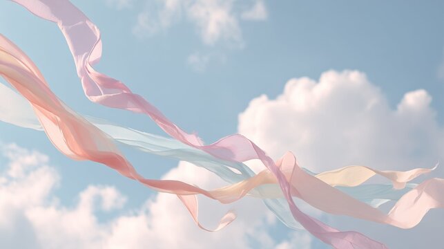 Dreamy pastel sky with a bunny-shaped cloud leaping over a soft rainbow, featuring fluffy clouds and airy gradient colors in a whimsical fantasy scene.