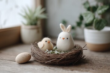 Obraz premium Needle-felted Easter bunny and chick sitting in a rustic nest with speckled egg, cozy spring home decor scene in soft natural light.