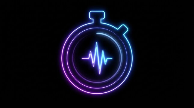 Neon stopwatch icon with glowing gradient lines representing a heart rate or pulse wave, symbolizing health tracking, fitness monitoring, and the urgency of time in medical contexts