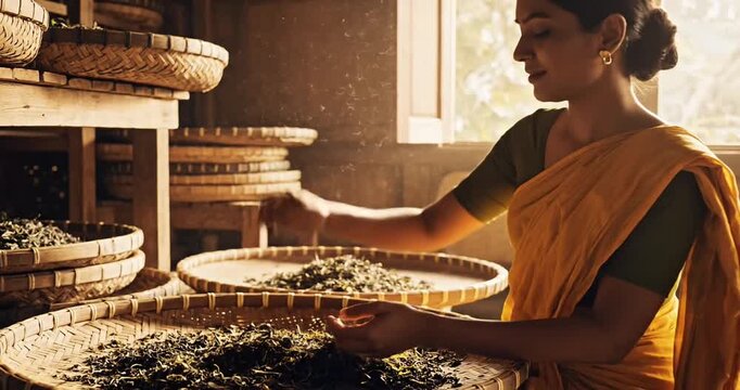 Woman in traditional attire sorting tea leaves in a rustic tea processing facility