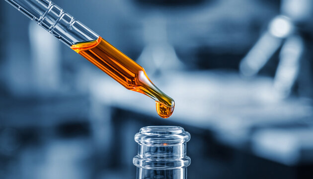 A dropper with orange liquid above a glass vial in a laboratory.