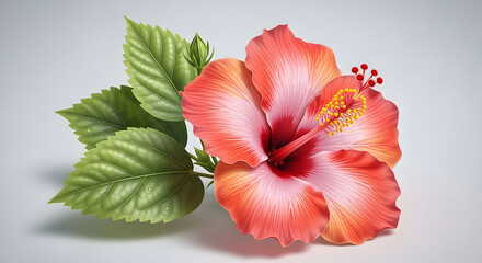 Obraz premium Vibrant hibiscus flower with delicate pink and orange petals, detailed green leaves, and stamen on a light background.