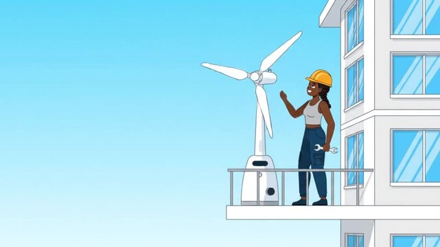 Female engineer in a hard hat and wrench proudly presents a small wind turbine on a modern building balcony, symbolizing urban green energy and sustainability.