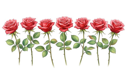 Fototapeta premium Six beautiful pink roses on long stems isolated on transparent background