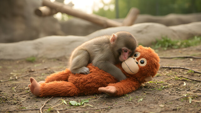 Punch the Monkey, A baby macaque monkey hugging an orange stuffed orangutan toy on the ground outdoors