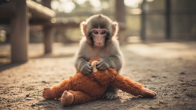 Punch the Monkey, A young monkey holding an orange stuffed toy with warm rim lighting outdoors
