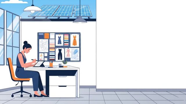 Female fashion designer working on a digital tablet in a modern, sunlit studio with a mood board, showcasing creative process and sustainable design.