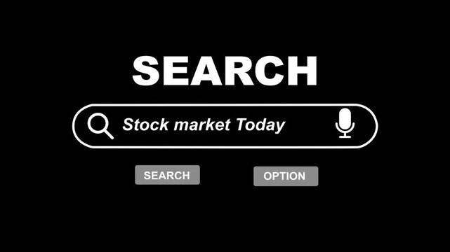 Stock market search bar interface with microphone and buttons for online research and financial information. 3D text and video animation. Searching for Stock Market on the Internet, animated search re