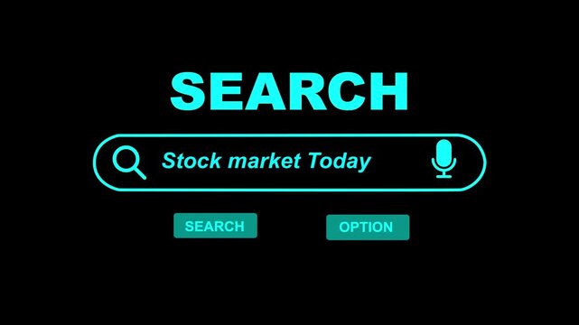 Stock market search bar interface with microphone and buttons for online research and financial information. 3D text and video animation. Searching for Stock Market on the Internet, animated search re