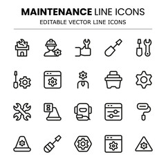 Fototapeta premium Maintenance Modern Line Icon Set. Ideal for mechanical repair, system checkups, and maintenance operations.